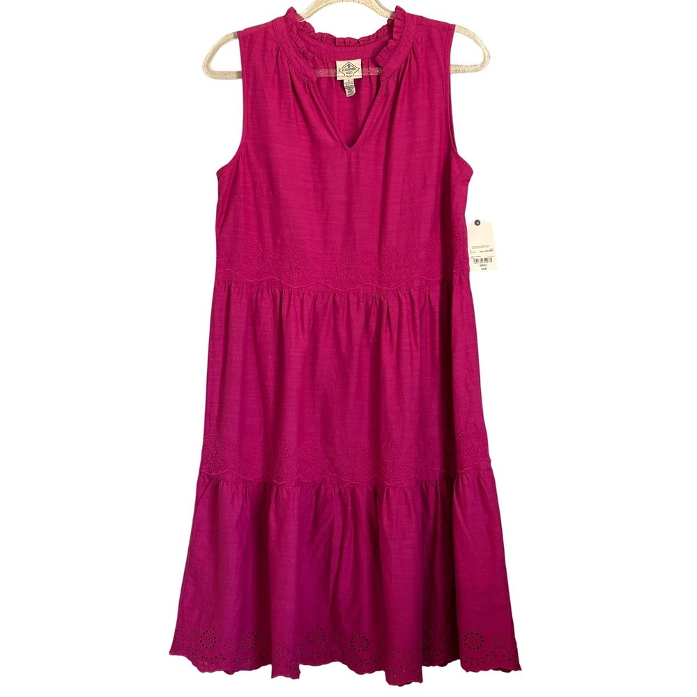 St Johns Bay Womens Magenta Pink Tiered Eyelet Sleeveless Dress Small NWT - Picture 2 of 8